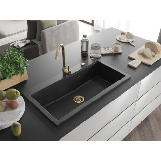 Mexen Slido zlewozmywak granitowy 1-komorowy 900 x 500 mm, czarny/srebrny metalik, syfon złoty - 6528901005-73-G