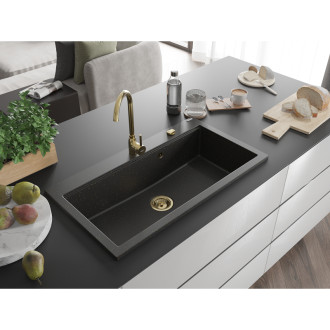 Mexen Slido zlewozmywak granitowy 1-komorowy 900 x 500 mm, czarny/złoty metalik, syfon złoty - 6528901005-75-G