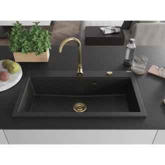 Mexen Slido zlewozmywak granitowy 1-komorowy 900 x 500 mm, czarny/złoty metalik, syfon złoty - 6528901005-75-G
