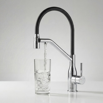Colina Eco - Upright sink mixer with U-shaped spout and water filtration system, chrome/black