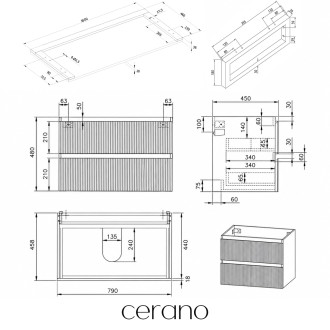 CERANO - Koupelnová skříňka Carole - bílá matná rýhovaná + deska pod umyvadlo Navira Pro - 36 mm + konzole černá - 160x51,6x46 cm