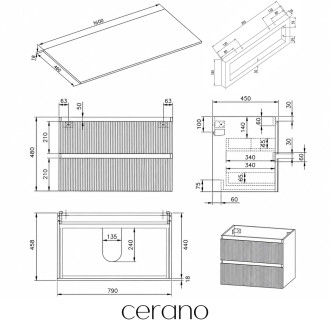CERANO - Koupelnová skříňka Carole - bílá matná rýhovaná + deska pod umyvadlo Navira Slim - 18 mm + konzole černá - 160x49,8x46 cm