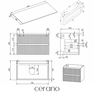 CERANO - Koupelnová skříňka Carole - bílá matná rýhovaná + deska z lit. mramoru Elanys - 12 mm + konzole chrom - 160x49,2x46 cm