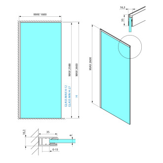 ESCA sada profilů pro uchycení skla, stěna - strop, 2600x1600mm, černá mat