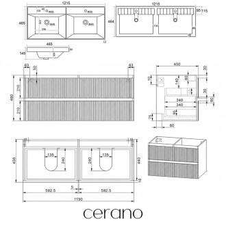 CERANO - Koupelnová skříňka Carole - bílá matná rýhovaná + keramické dvojumyvadlo Viano - bílá lesklá - 121,5x53x46,4 cm