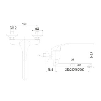 Lila dřezová baterie nástěnná 150 mm s ramínkem plochým rovným 300 mm CBEE30206