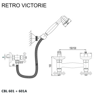 Mereo Retro Viktorie sprchová baterie nástěnná 150 mm s Retro příslušenstvím CBL601