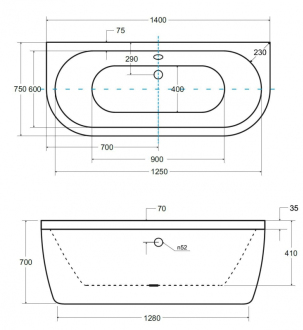 BESCO vana volně stojící VISTA, 1400 × 750 mm, bílá barva, sanitární kompozit VANTUR140