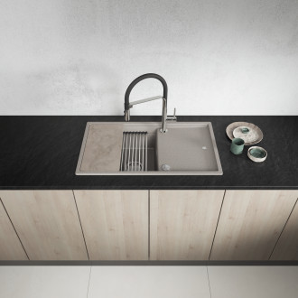 Tuvalu - granite sink, 1 bowl with a drainer, cutting board and rollmat, beige