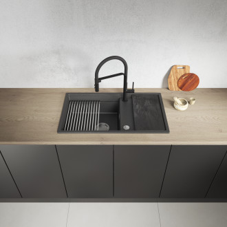 Tuvalu - granite sink, 1 bowl with a drainer, cutting board and rollmat, black