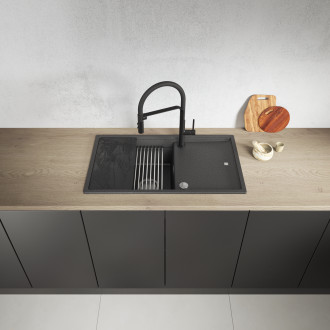 Tuvalu - granite sink, 1 bowl with a drainer, cutting board and rollmat, black
