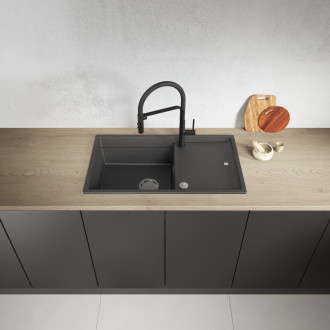 Tuvalu - granite sink, 1 bowl with a drainer, cutting board and rollmat, black