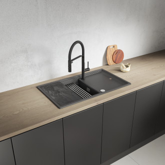 Tuvalu - granite sink, 1 bowl with a drainer, cutting board and rollmat, black