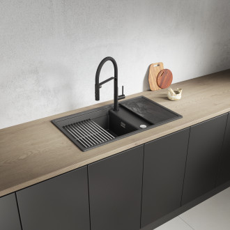 Tuvalu - granite sink, 1 bowl with a drainer, cutting board and rollmat, black