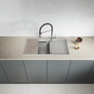Tuvalu - granite sink, 1 bowl with a drainer, cutting board and rollmat, grey