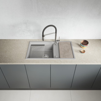 Tuvalu - granite sink, 1 bowl with a drainer, cutting board and rollmat, grey