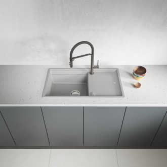 Tuvalu - granite sink, 1 bowl with a drainer, cutting board and rollmat, grey