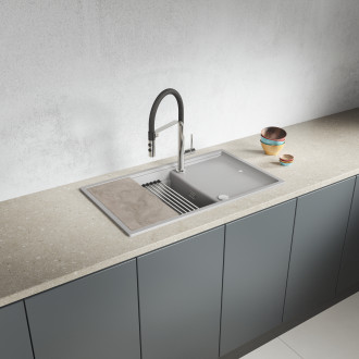 Tuvalu - granite sink, 1 bowl with a drainer, cutting board and rollmat, grey