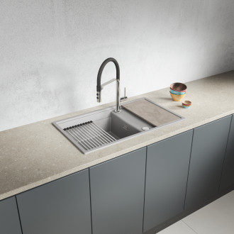 Tuvalu - granite sink, 1 bowl with a drainer, cutting board and rollmat, grey