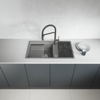 Tuvalu - granite sink, 1 bowl with a drainer, cutting board and rollmat, volcano grey