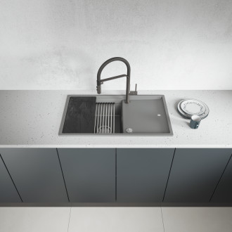 Tuvalu - granite sink, 1 bowl with a drainer, cutting board and rollmat, volcano grey