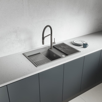 Tuvalu - granite sink, 1 bowl with a drainer, cutting board and rollmat, volcano grey