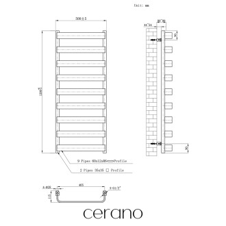 CERANO - Koupelnový elektrický radiátorový set Adriano - 600W - černá matná - 1200x500 mm