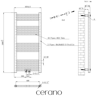CERANO - Koupelnový elektrický radiátorový set Benito - WIFI - 300W - černá matná - 1000x450 mm