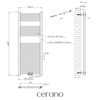 CERANO - Koupelnový elektrický radiátorový set Benito - WIFI - 300W - černá matná - 1200x450 mm