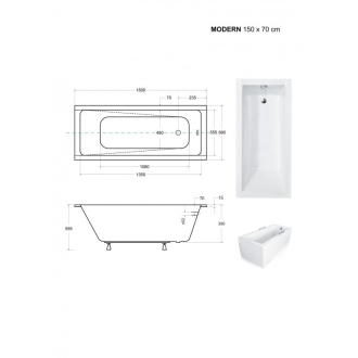 Obdélníková vana MODERN SLIM - 150 x 70 cm, s nožičkami