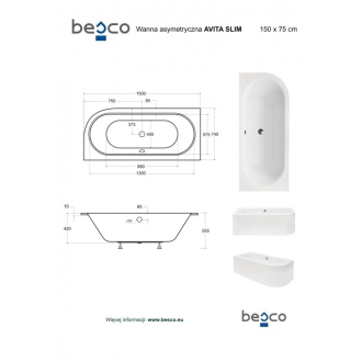 BESCO vana AVITA SLIM 160 (1600x750 mm), levé provedení, bez nožiček VANAVIT160SLIML