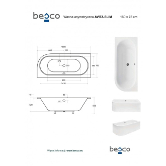 BESCO vana AVITA SLIM 160 (1600x750 mm), levé provedení, bez nožiček VANAVIT160SLIML