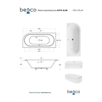 BESCO vana AVITA SLIM 170 (1700x750 mm), pravé provedení, bez nožiček VANAVIT170SLIMP