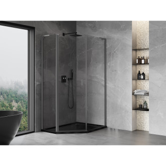 Mexen Mist L pětiúhelníkový asymetrický výklopný sprchový kout 80 x 90 cm, průhledný, stříbrná metalíza - 8A8L-080-090-95-00