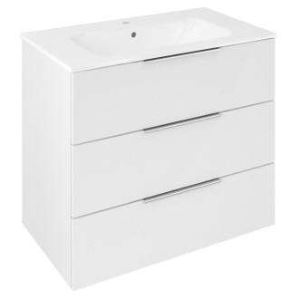SET koupelnová skříňka CIRASA 80cm s umyvadlem a LED zrcadlem, 3x zásuvka, bílá lesk