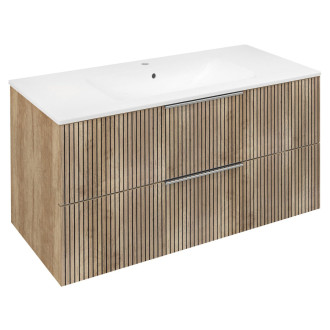 SET koupelnová skříňka CIRASA STRIP 100cm s umyvadlem a LED zrcadlem, 2x zásuvka, dub alabama