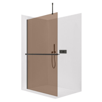 CERANO - Sprchová zástěna Walk-in Onyx Top Round L/P - 8 mm - kulatá vzpěra + polička/držák na ručníky - černá matná, bronzové sklo - 110x200 cm