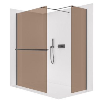CERANO - Sprchová zástěna Walk-in Onyx T L/P - 8 mm - hranatá vzpěra + polička/držák na ručníky - černá matná, bronzové sklo - 150x110x200 cm