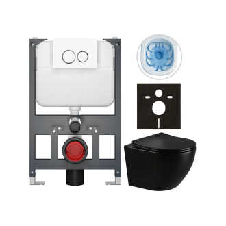 CERANO - Kompletní WC set Basic/Cesso - černá lesklá - WC tlačítko Dualo/Bílá - závěsné - nízký modul - předstěnová instalace - 49x36 cm