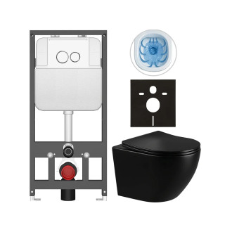 CERANO - Kompletní WC set Basic/Cesso - černá lesklá - WC tlačítko Dualo/Bílá - závěsné - předstěnová instalace - 49x36 cm