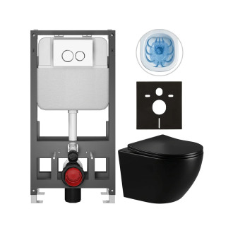 CERANO - Kompletní WC set Basic/Cesso - černá lesklá - WC tlačítko Dualo/Bílá - volně stojící - předstěnová instalace - 49x36 cm