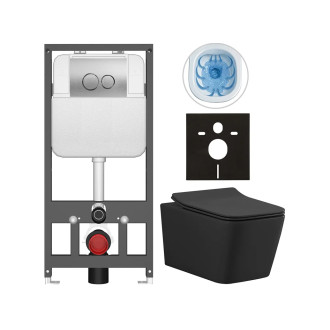 CERANO - Kompletní WC set Basic/Forte - černá matná - WC tlačítko Dualo/Stříbrná - závěsné - předstěnová instalace - 51x36 cm