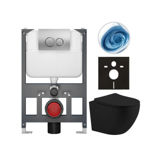 CERANO - Kompletní WC set Basic/Cesso - černá matná - WC tlačítko Dualo/Stříbrná - závěsné - nízký modul - předstěnová instalace - 49x36 cm