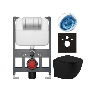 CERANO - Kompletní WC set Basic/Cesso - černá matná - WC tlačítko Maxio/Stříbrná - závěsné - nízký modul - předstěnová instalace - 49x36 cm