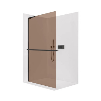 CERANO - Sprchová zástěna Walk-in Onyx L-levá vzpěra - 8 mm + polička/držák na ručníky - černá matná, bronzové sklo - 110x200 cm