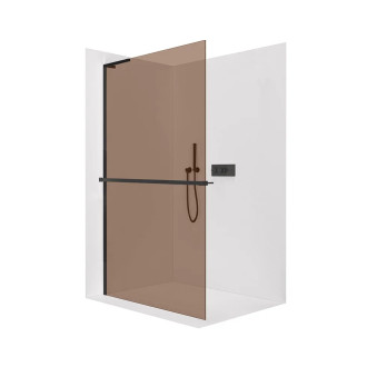 CERANO - Sprchová zástěna Walk-in Onyx L-levá vzpěra - 8 mm + polička/držák na ručníky - černá matná, bronzové sklo - 140x200 cm