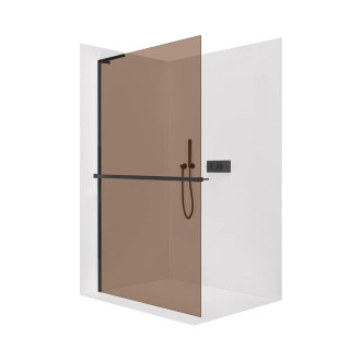 CERANO - Sprchová zástěna Walk-in Onyx L-levá vzpěra - 8 mm + polička/držák na ručníky - černá matná, bronzové sklo - 90x200 cm