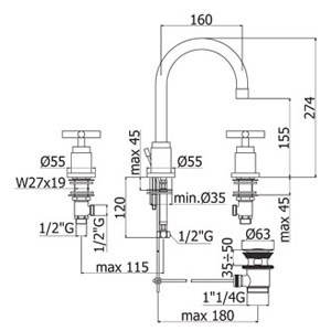 Paffoni QUATTRO/Cruz QTV055 baterie umyvadlová stojánková 3-otvorová