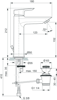 Ideal Standard TESI umyvadlová baterie vysoká 21 cm,s výpustí A6563AA