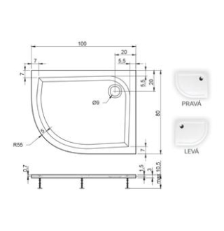 Teiko VIRGO Sprchová vanička 100x80x3, litý mramor levá bílá